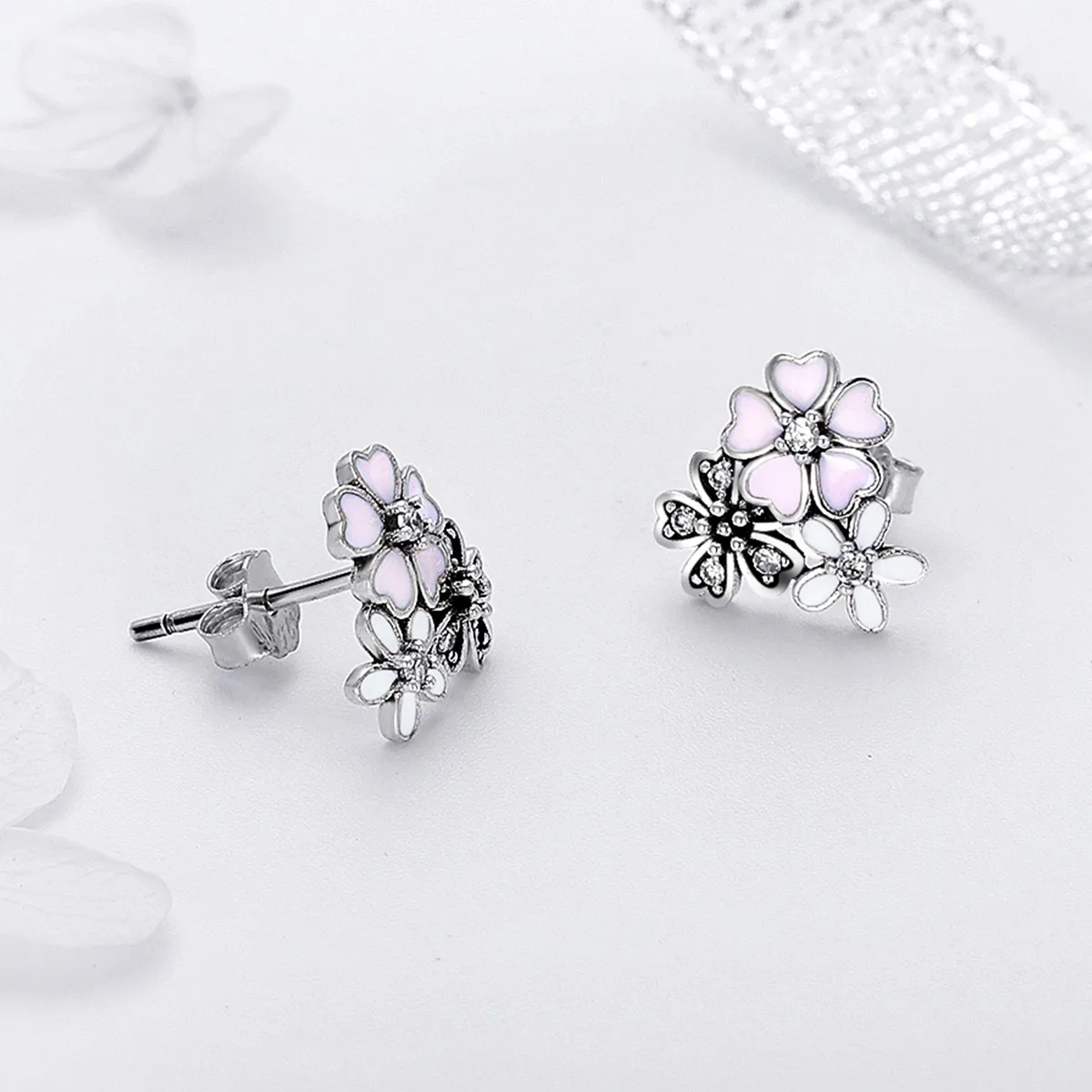 Pandora Style Silver Daisies and Cherry Blossoms Stud Earrings - SCE400