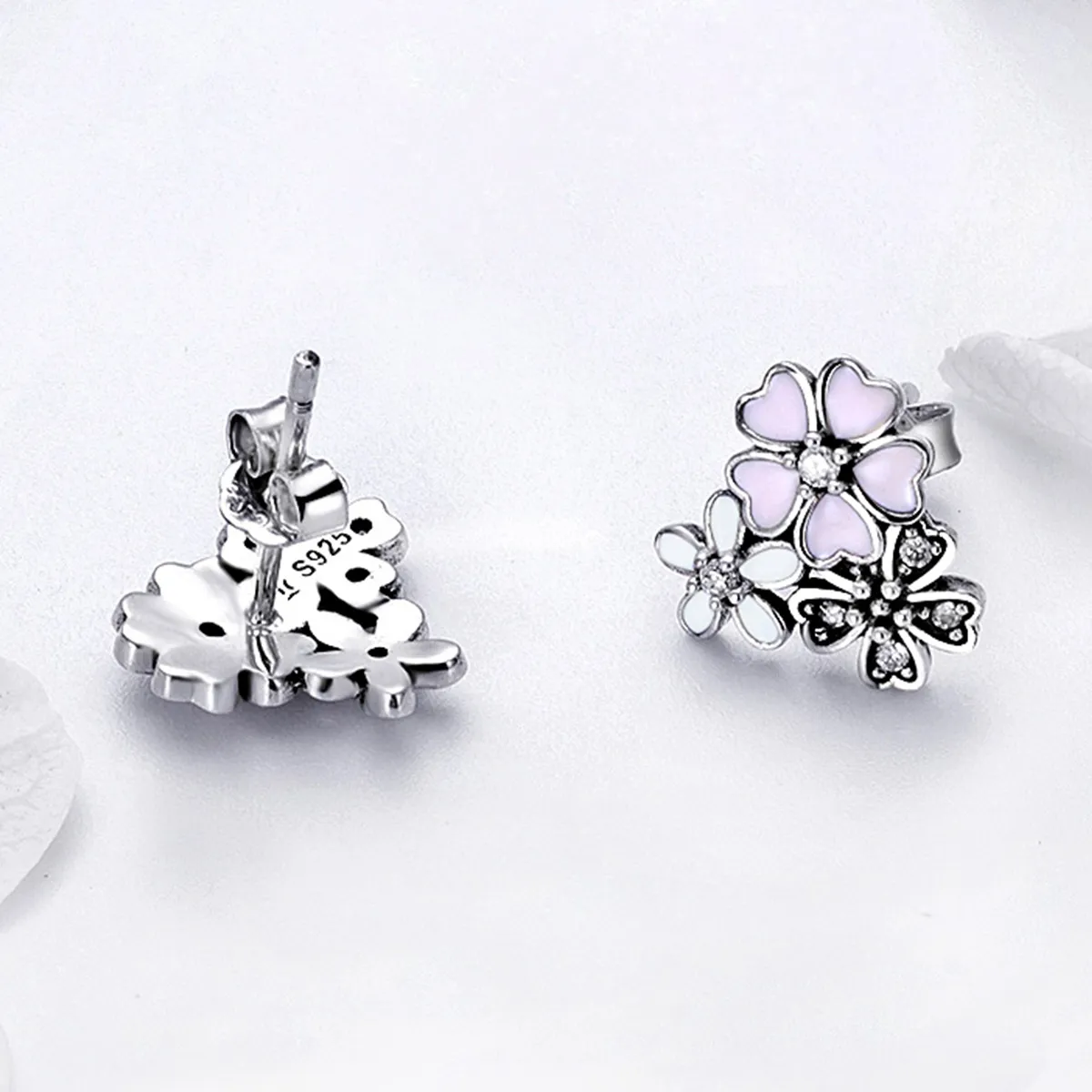 Pandora Style Silver Daisies and Cherry Blossoms Stud Earrings - SCE400