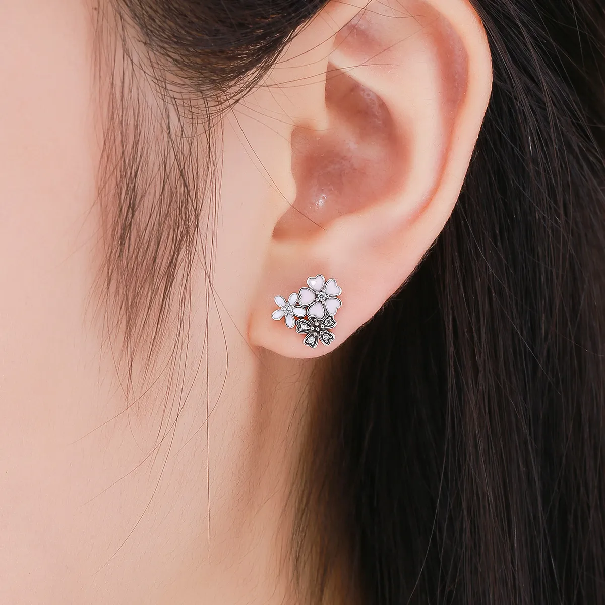 Pandora Style Silver Daisies and Cherry Blossoms Stud Earrings - SCE400