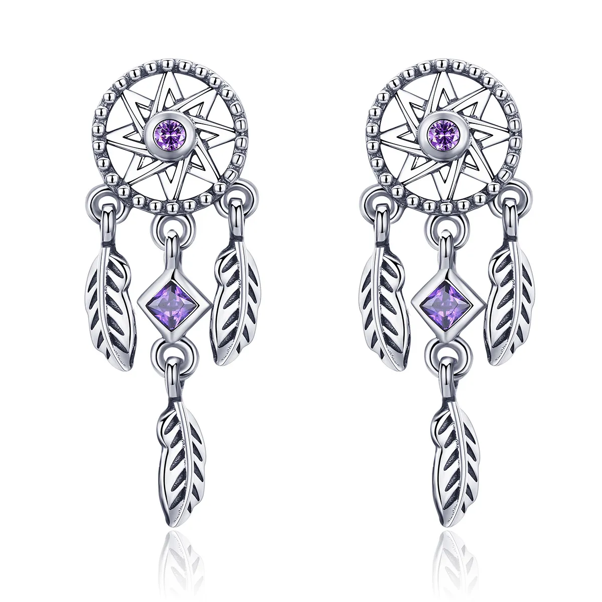 Pandora Style Silver Dreamcatcher Hanging Earrings - SCE502