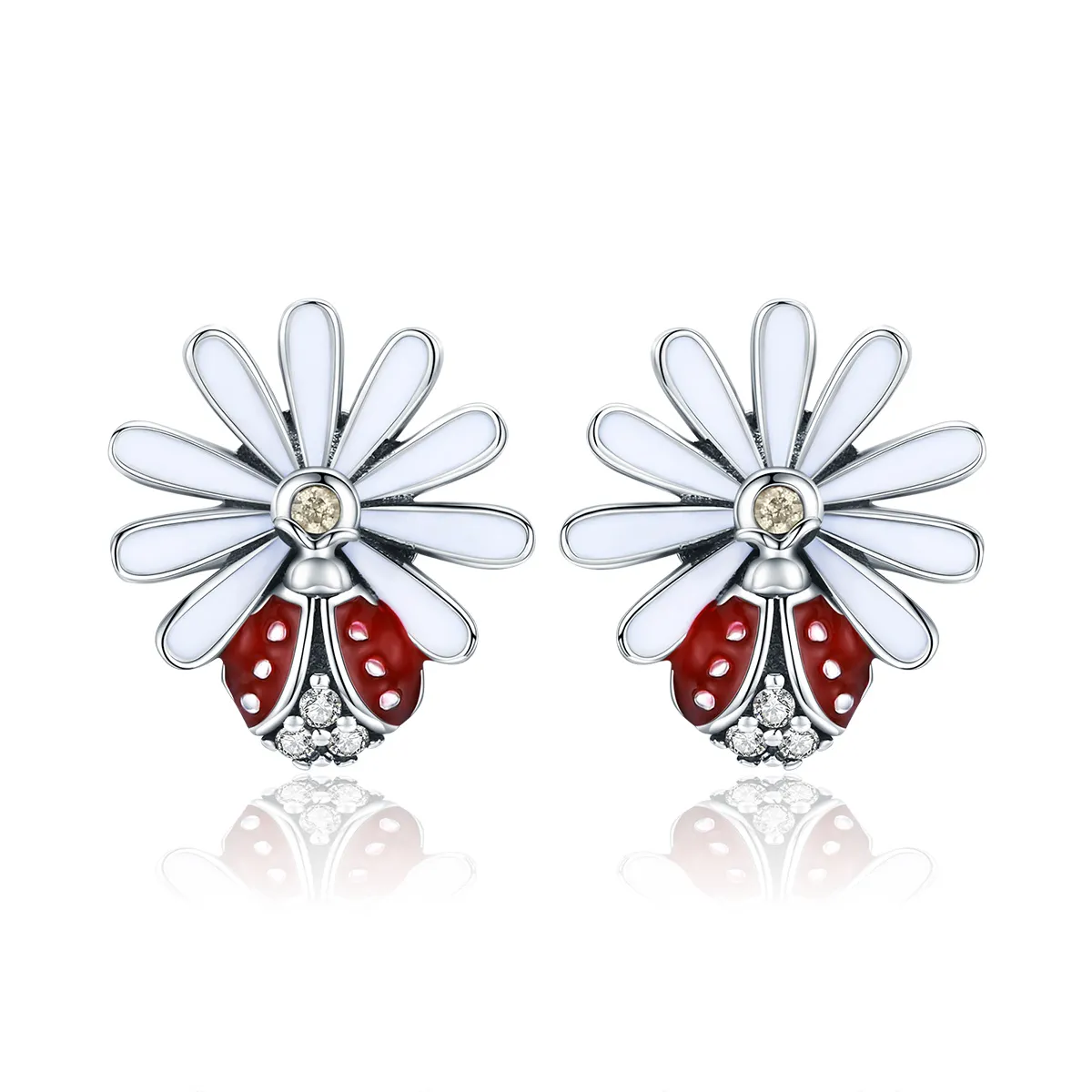 Pandora Style Silver Flower & Ladybug Stud Earrings - SCE459