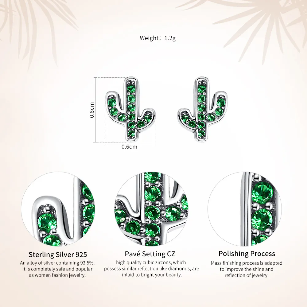 Pandora Style Silver Fresh Cactus Stud Earrings - SCE097