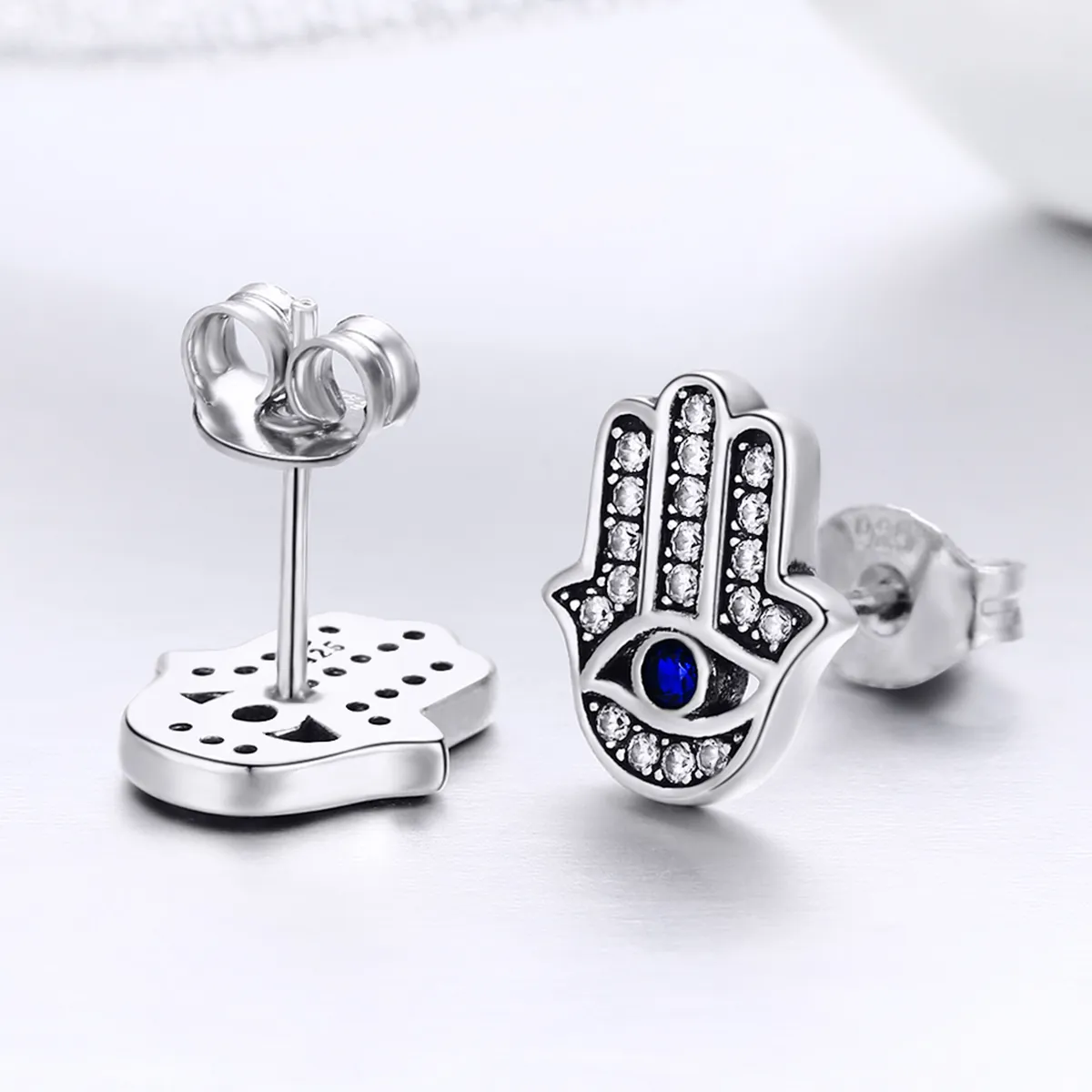 Pandora Style Silver Hamsa Hand Stud Earrings - SCE389