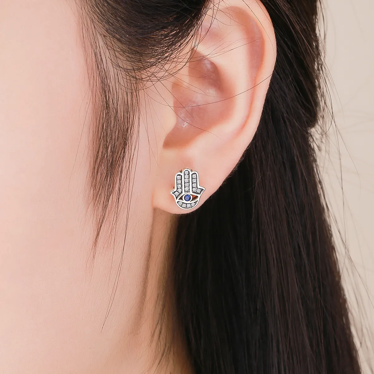 Pandora Style Silver Hamsa Hand Stud Earrings - SCE389