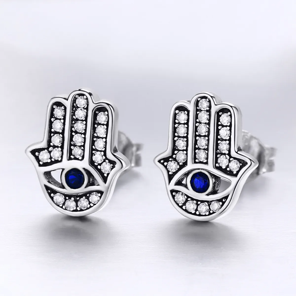 Pandora Style Silver Hamsa Hand Stud Earrings - SCE389