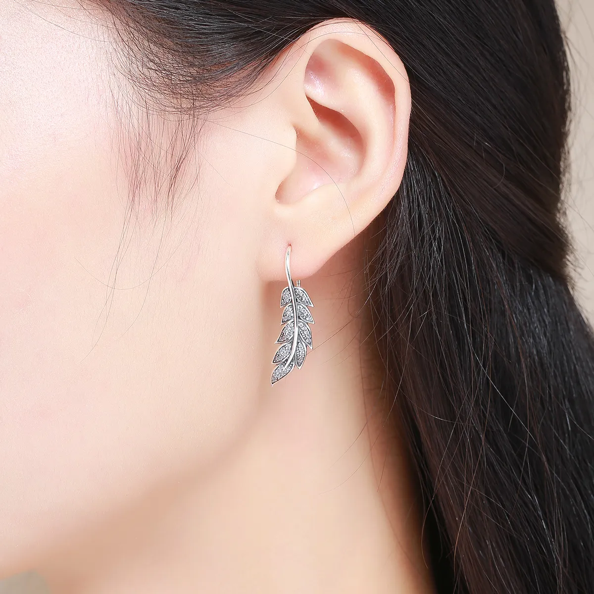 Pandora Style Silver Leaves Enamoured Hanging Earrings - SCE215