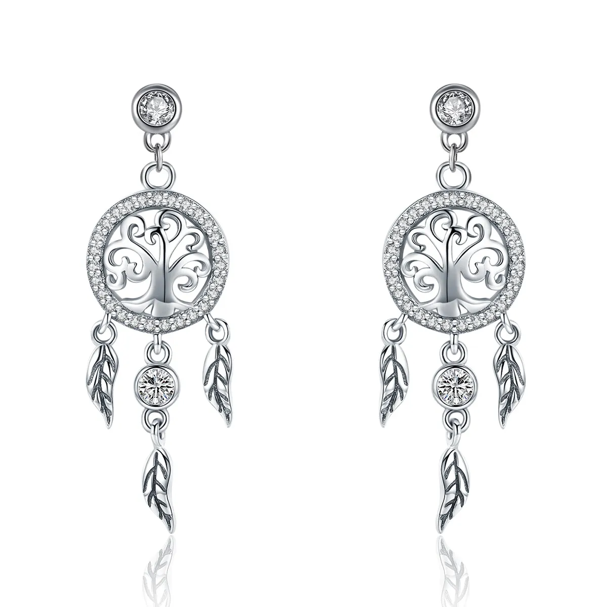 Pandora Style Silver Life Tree & Dream Catcher Hanging Earrings - SCE457