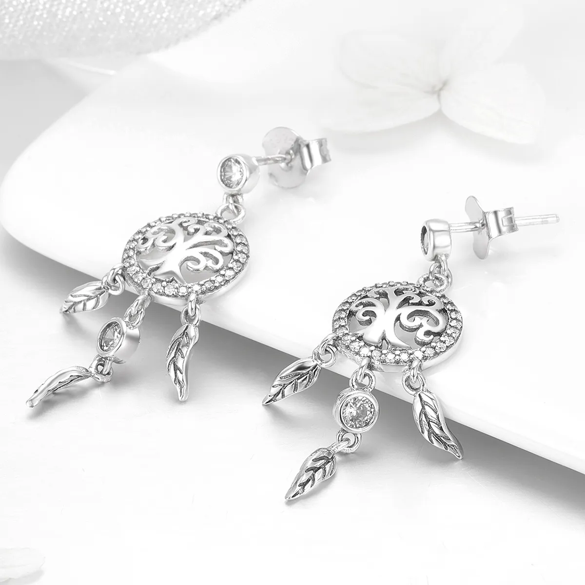 Pandora Style Silver Life Tree & Dream Catcher Hanging Earrings - SCE457