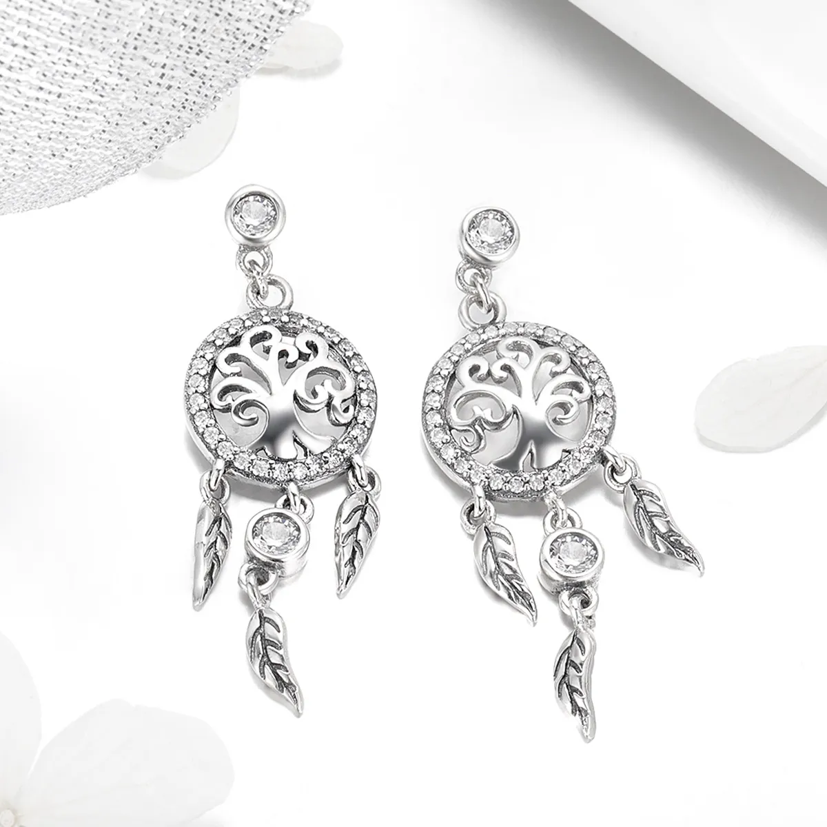 Pandora Style Silver Life Tree & Dream Catcher Hanging Earrings - SCE457