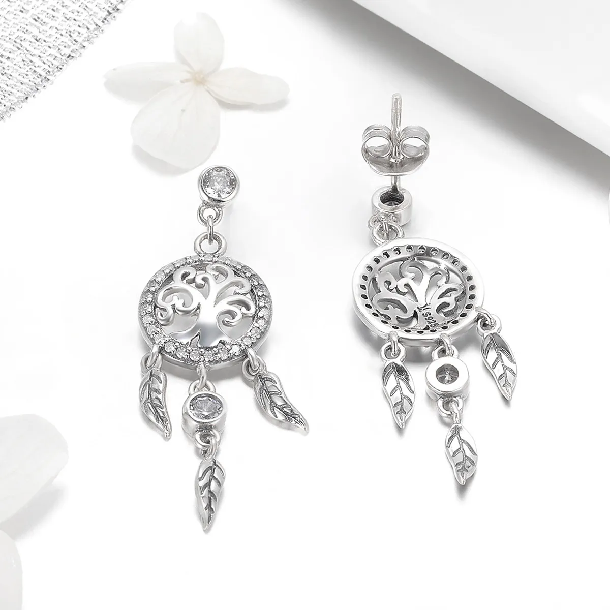 Pandora Style Silver Life Tree & Dream Catcher Hanging Earrings - SCE457