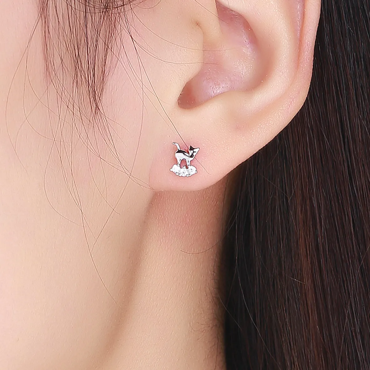 Pandora Style Silver Meow Star Stud Earrings - SCE537