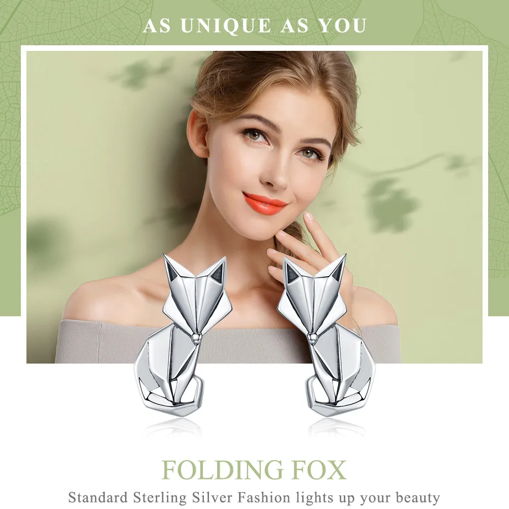 Pandora Style Silver Origami Fox Stud Earrings - SCE526