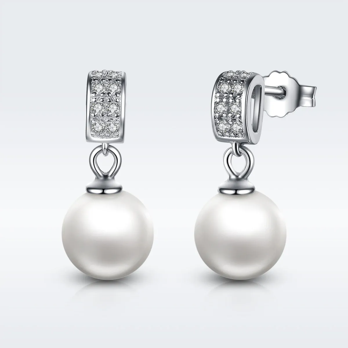 Pandora Style Silver Pearl Hanging Earrings - SCE006