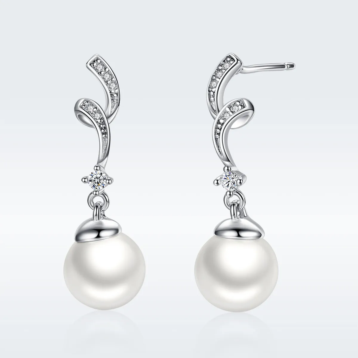 Pandora Style Silver Pearl Hanging Earrings - SCE035