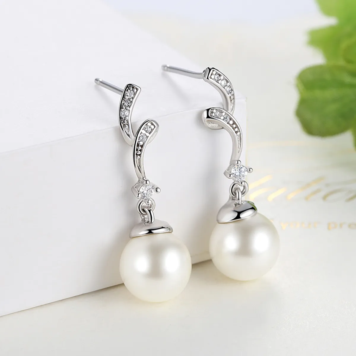 Pandora Style Silver Pearl Hanging Earrings - SCE035