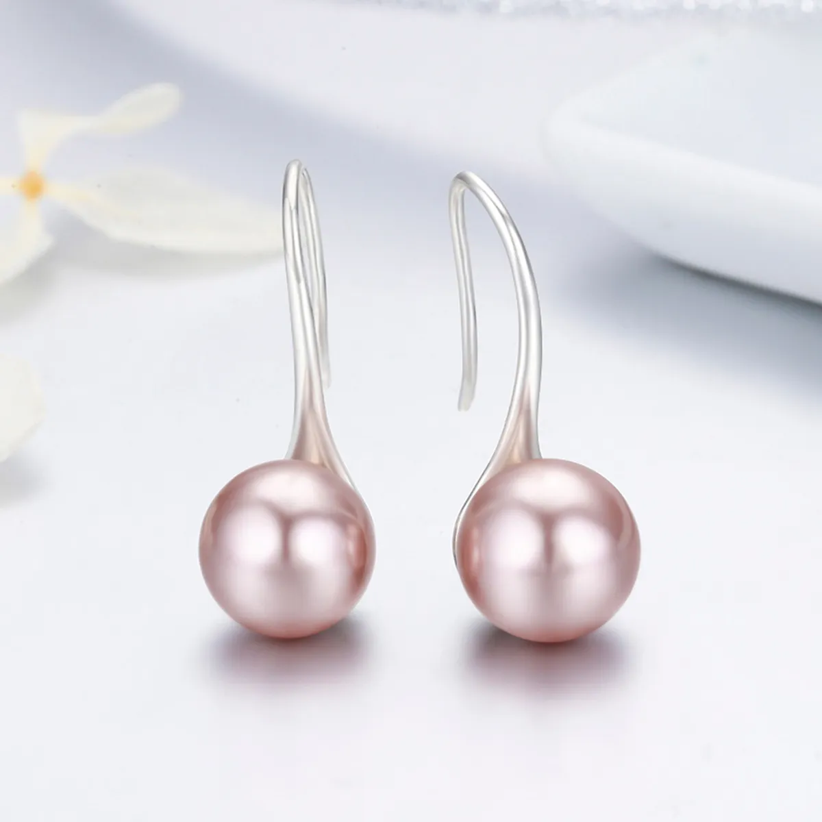 Pandora Style Silver Pink Pearl Hanging Earrings - SCE145