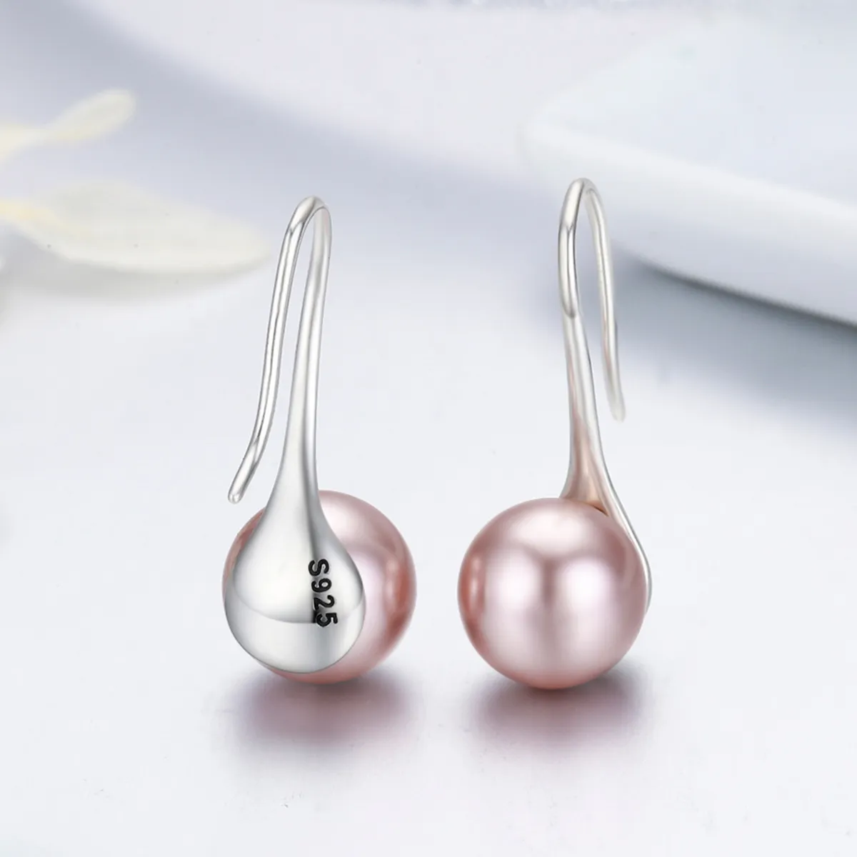 Pandora Style Silver Pink Pearl Hanging Earrings - SCE145