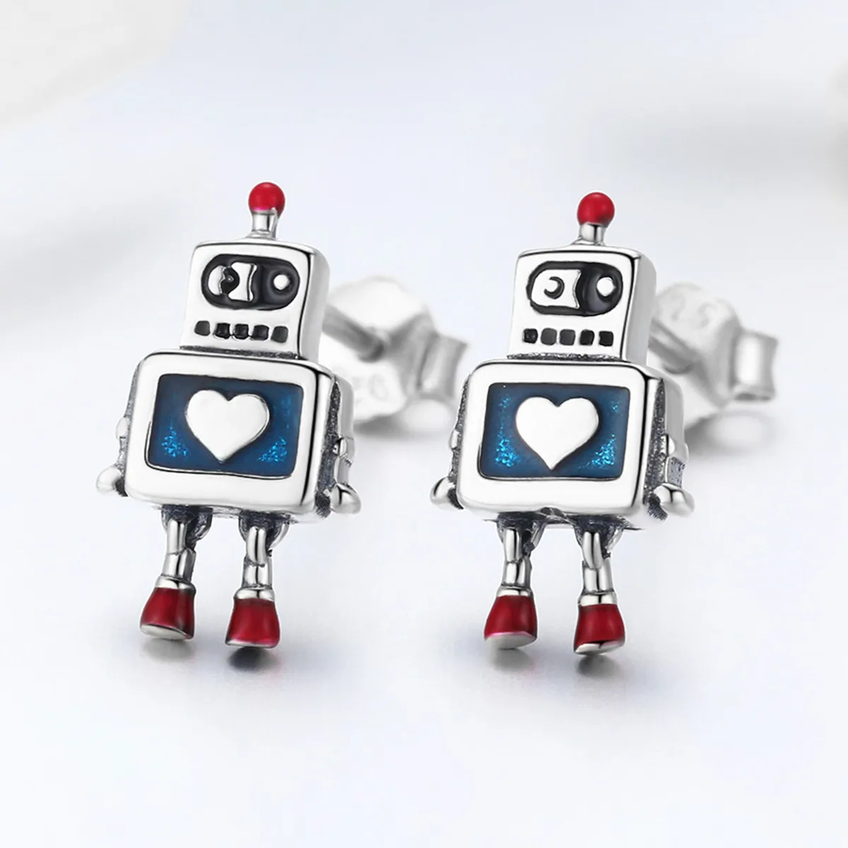 Pandora Style Silver Robot Stud Earrings - SCE477