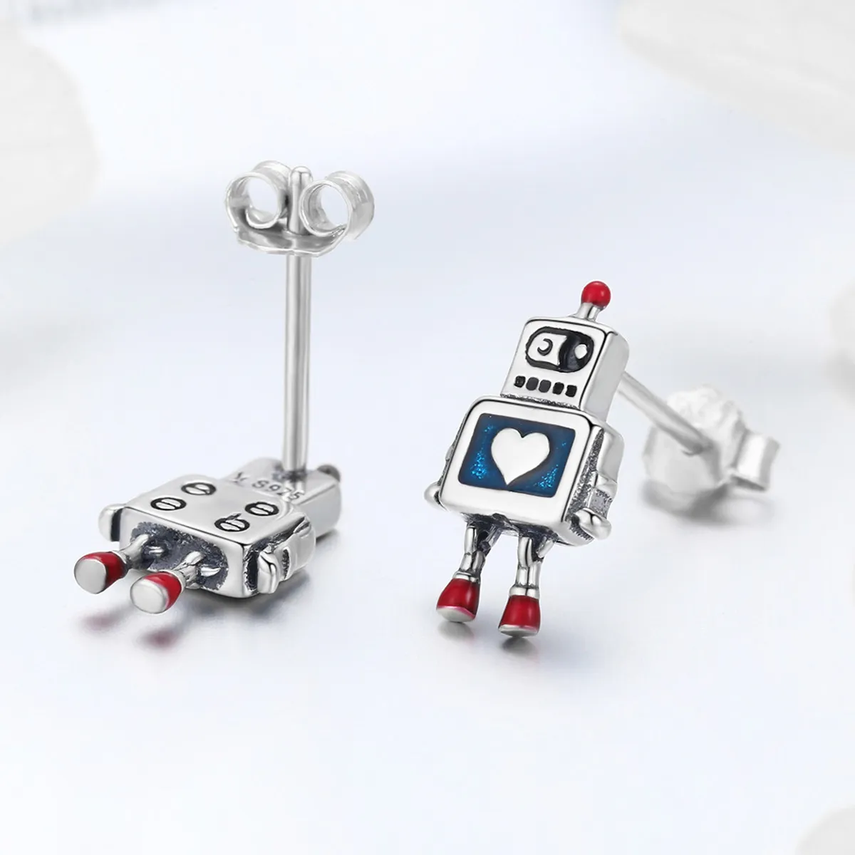 Pandora Style Silver Robot Stud Earrings - SCE477