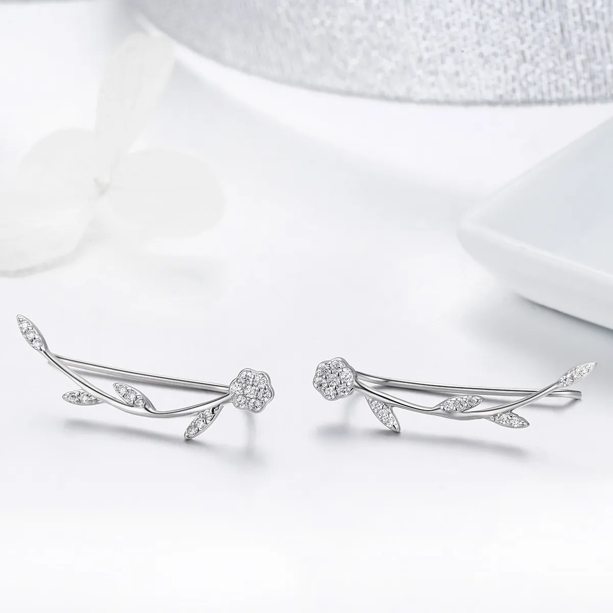 Pandora Style Silver Shinning Leaves Stud Earrings - SCE266