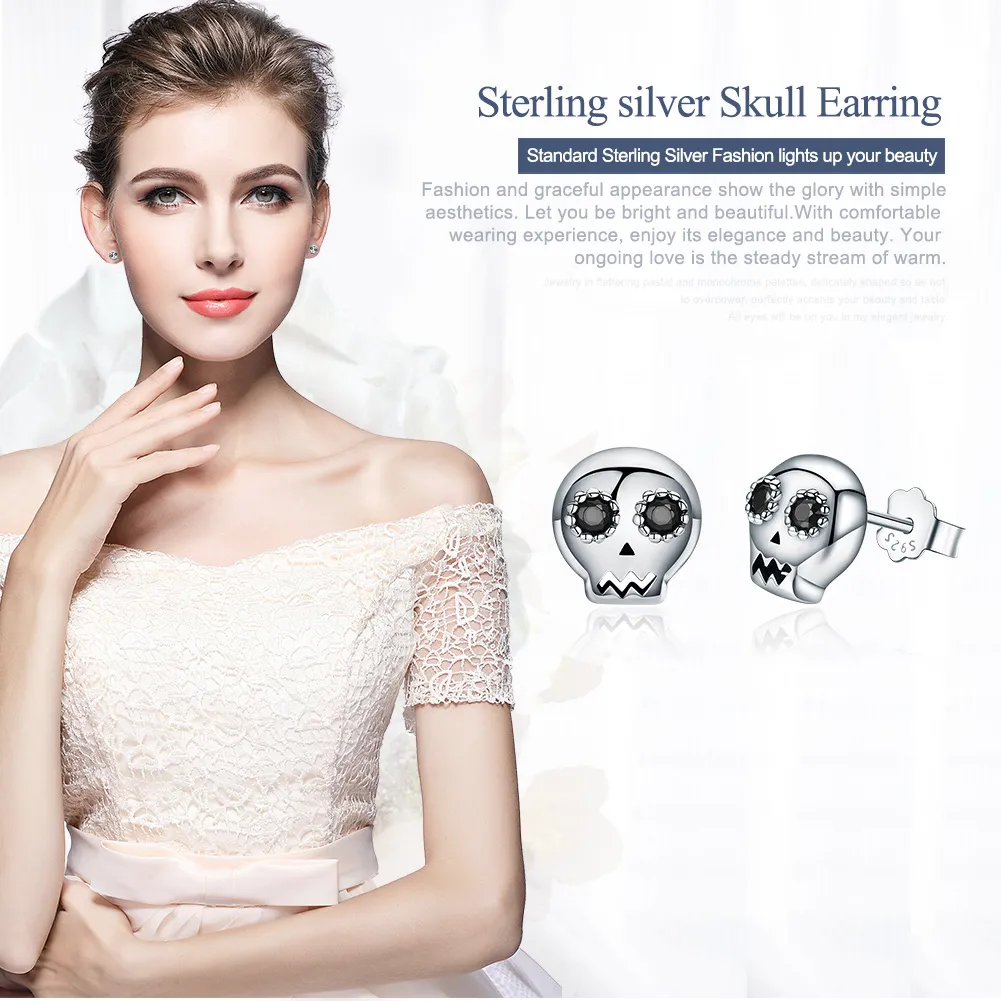 Pandora Style Silver Skull Stud Earrings - SCE064