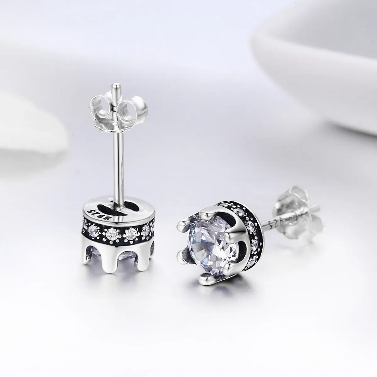 Pandora Style Silver Sparkly Crown Stud Earrings - SCE311