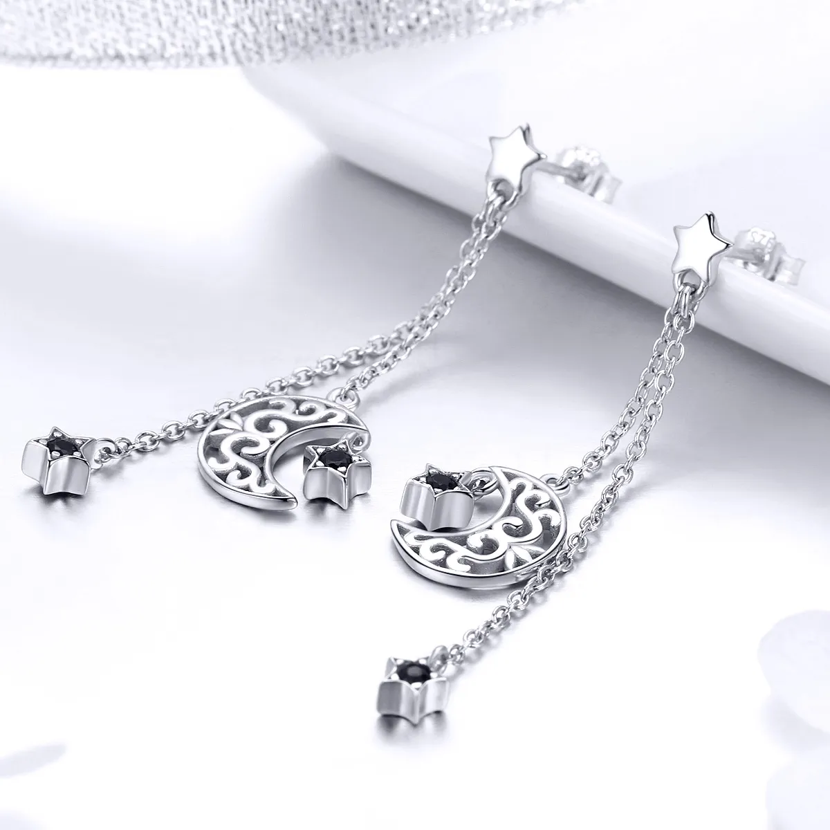 Pandora Style Silver Starlight Moon Hanging Earrings - SCE528