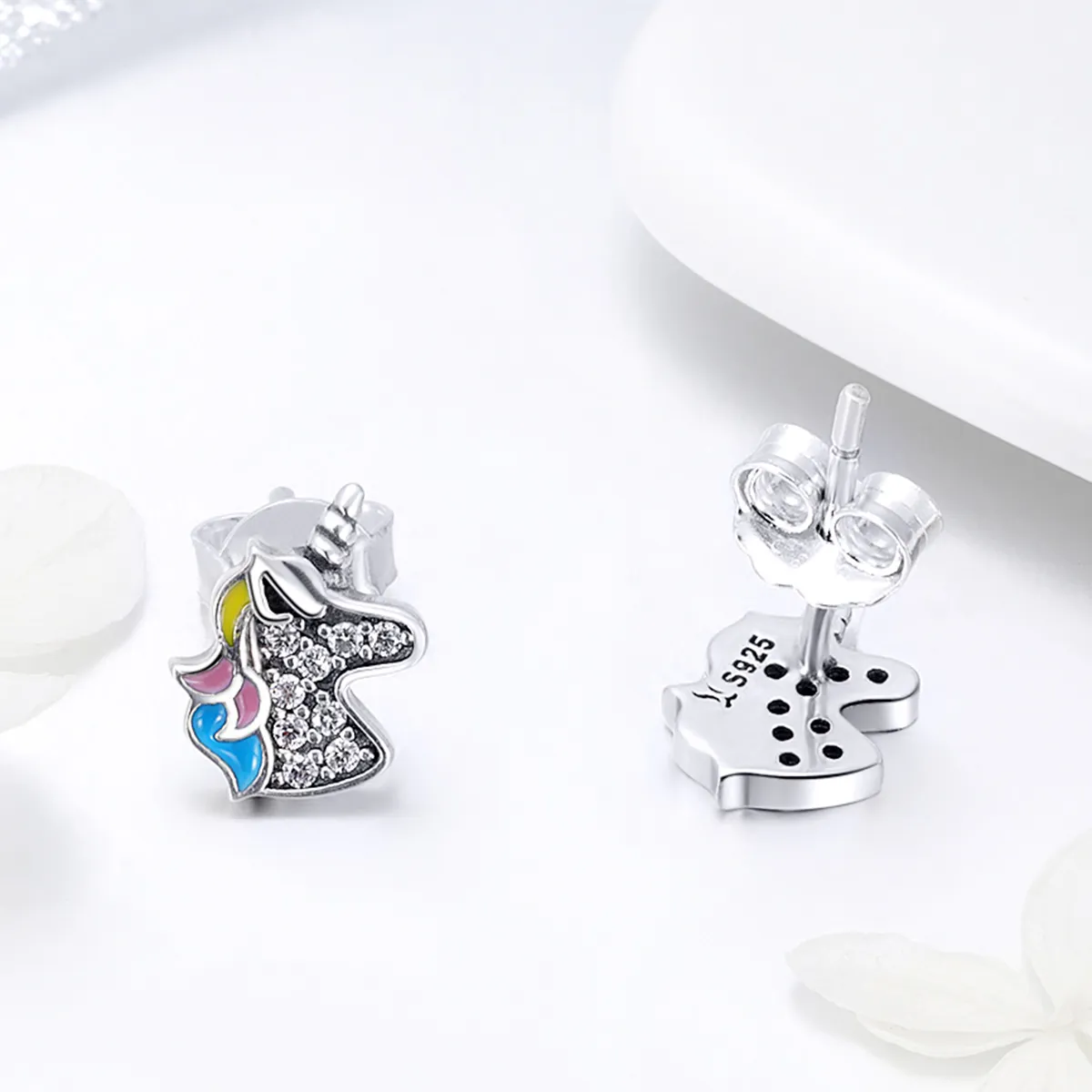 Pandora Style Silver Unicorn Memory Stud Earrings - SCE426