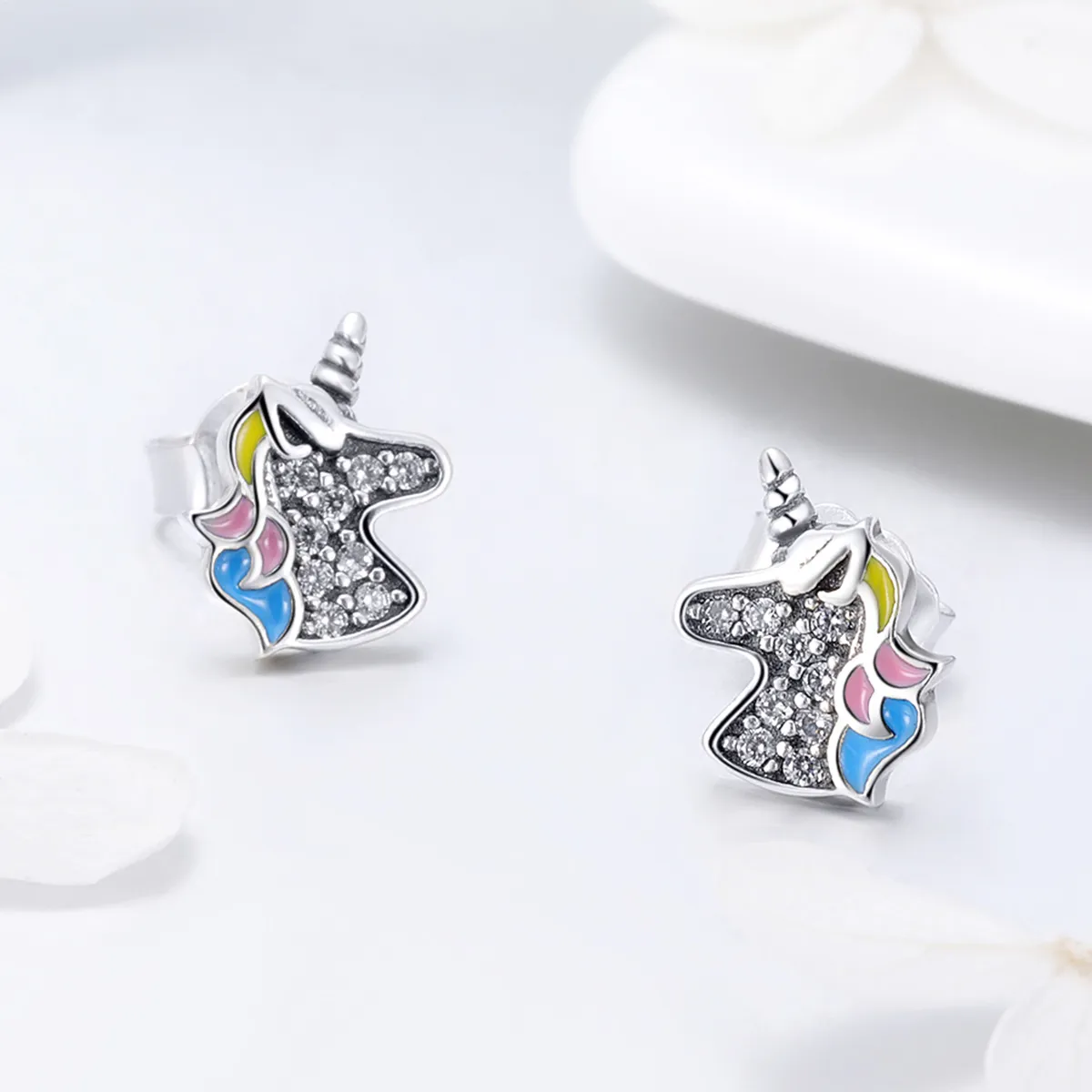 Pandora Style Silver Unicorn Memory Stud Earrings - SCE426