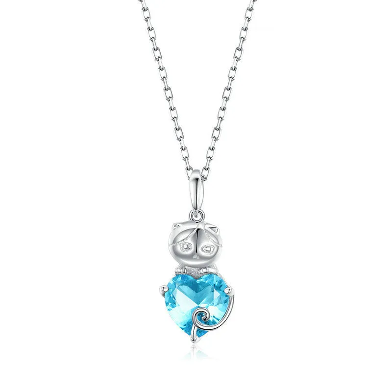 pandora style silver blue cat necklace scn331