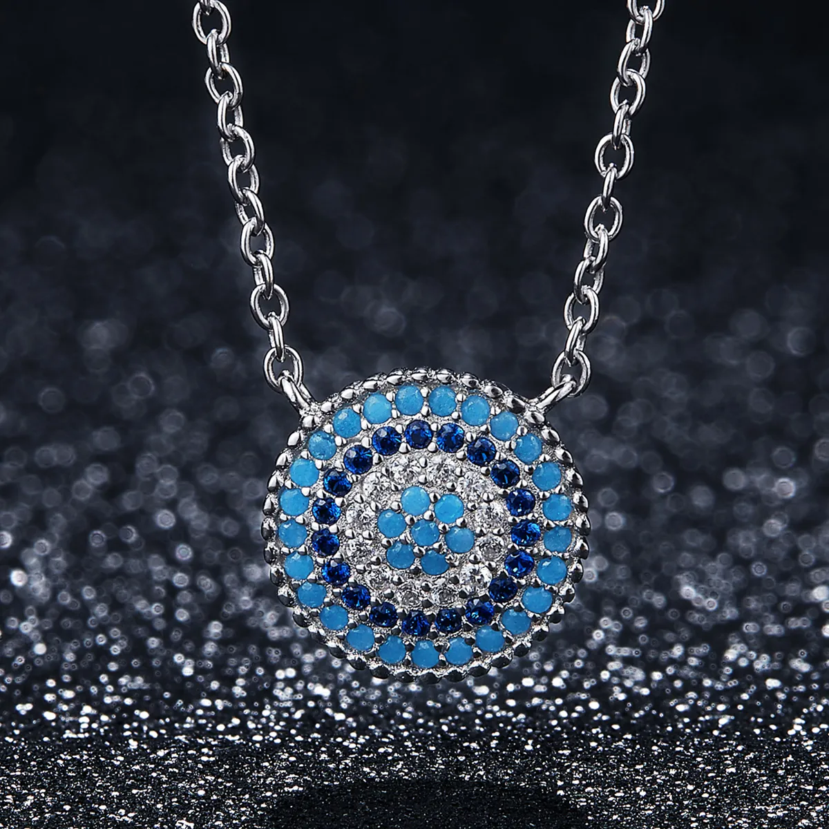 Pandora Style Silver Blue Circle Necklace - SCN099