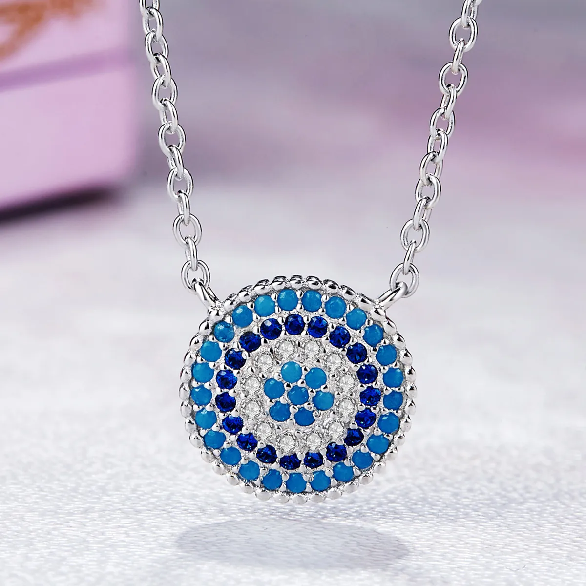 Pandora Style Silver Blue Circle Necklace - SCN099