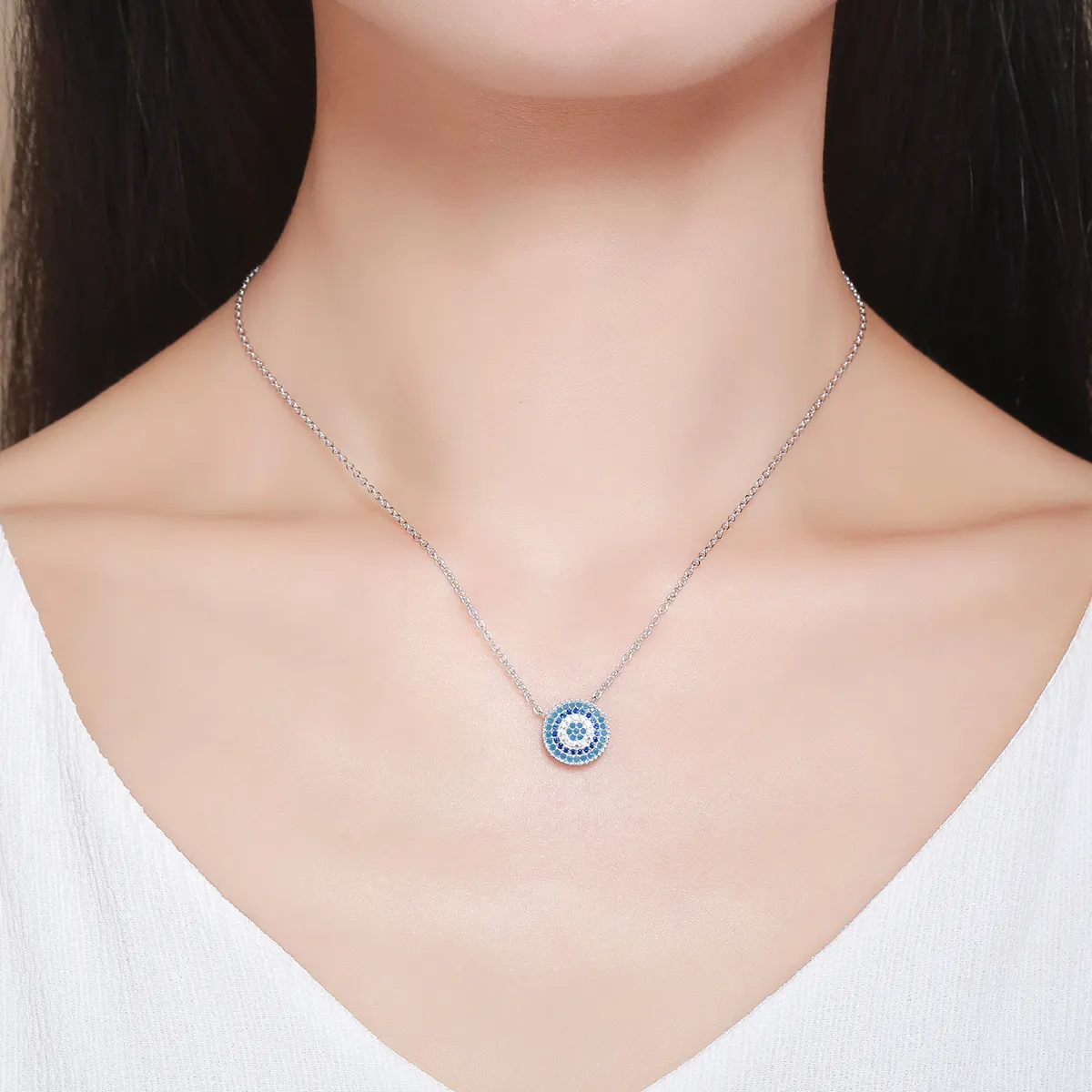 Pandora Style Silver Blue Circle Necklace - SCN099