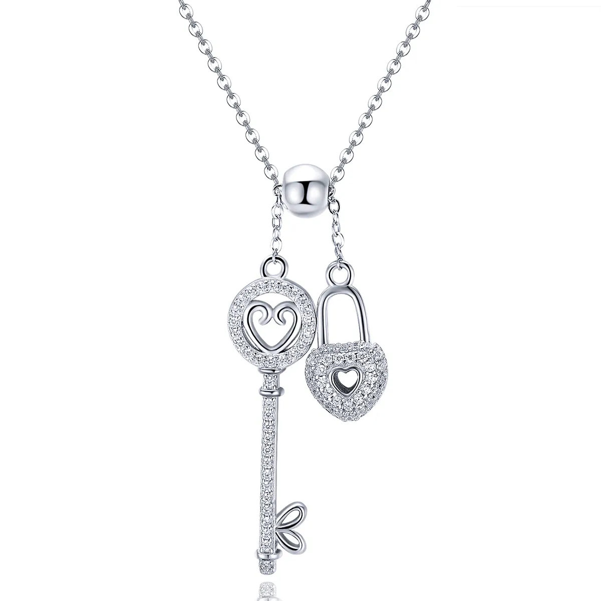 Pandora Style Silver Key of Heart Lock Necklace - SCN290