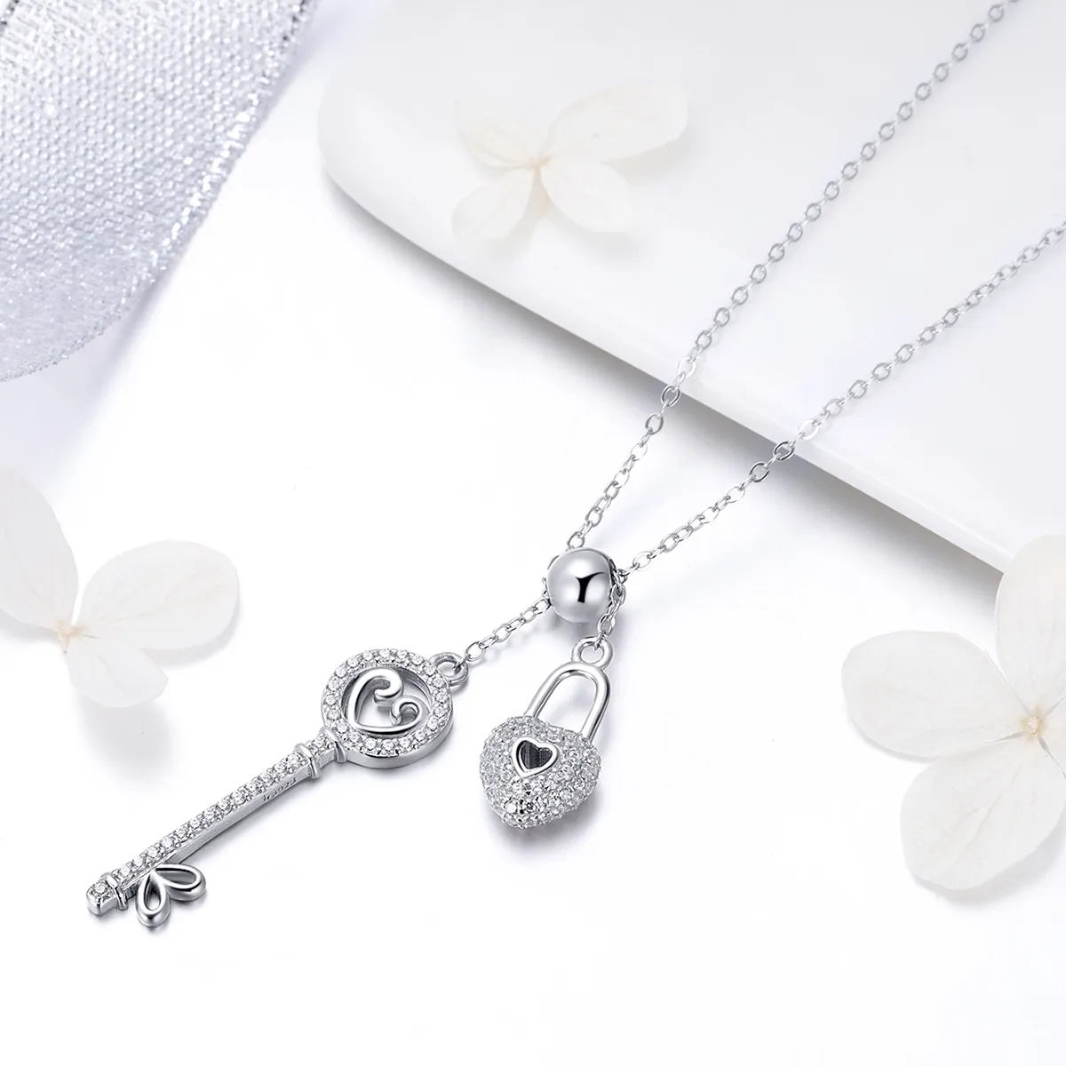 Pandora Style Silver Key of Heart Lock Necklace - SCN290