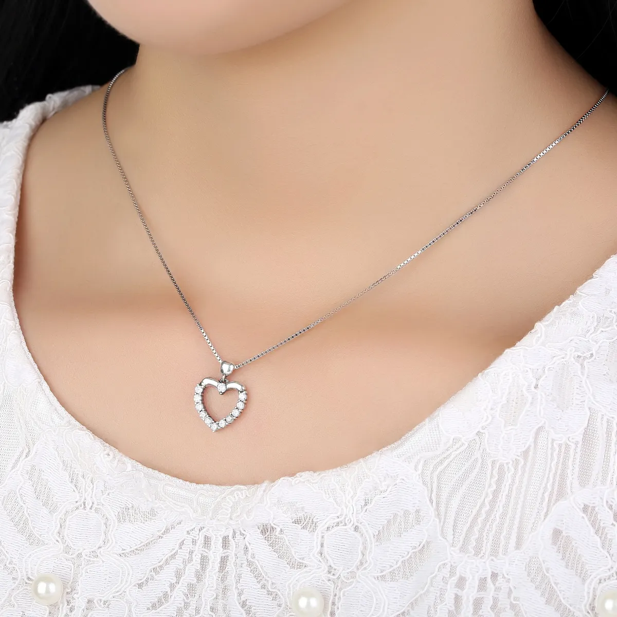 Pandora Style Silver Sparkle Heart Necklace - SCN025