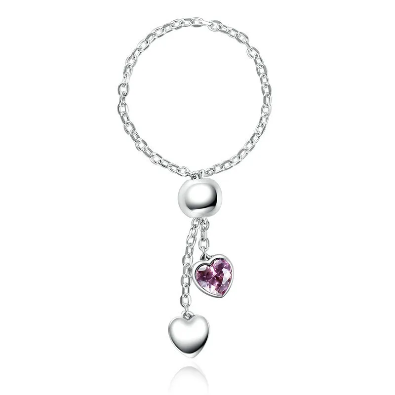 pandora style silver pink heart chain ring scr015