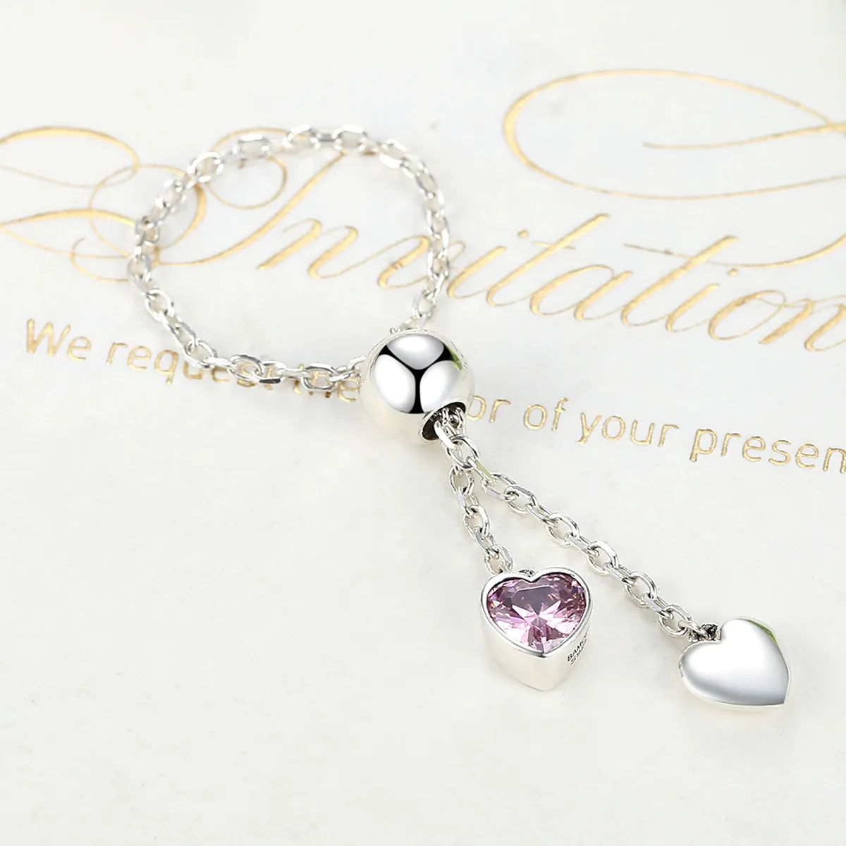 Pandora Style Silver Pink Heart Chain Ring - SCR015