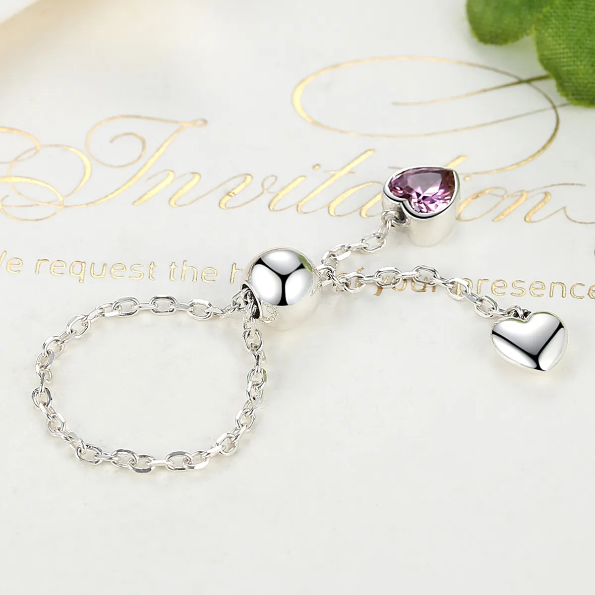 Pandora Style Silver Pink Heart Chain Ring - SCR015