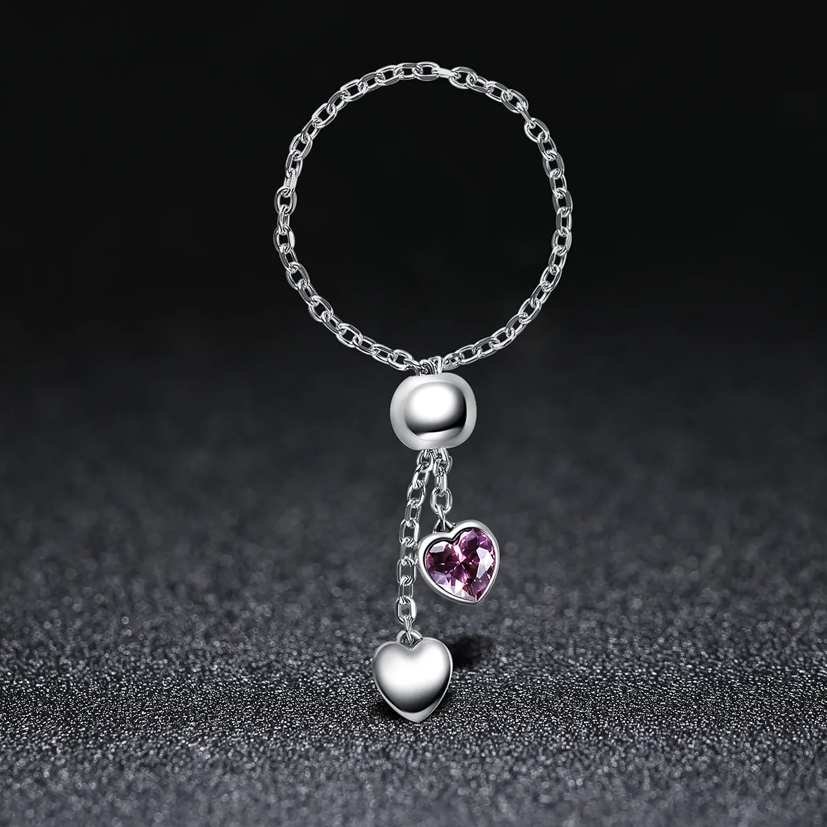 Pandora Style Silver Pink Heart Chain Ring - SCR015